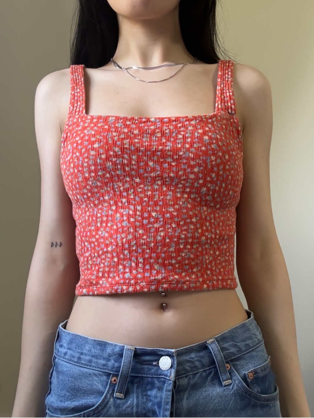 AMERICAN EAGLE Crop Top Square Neck Floral Red Cotton Size XS GUC